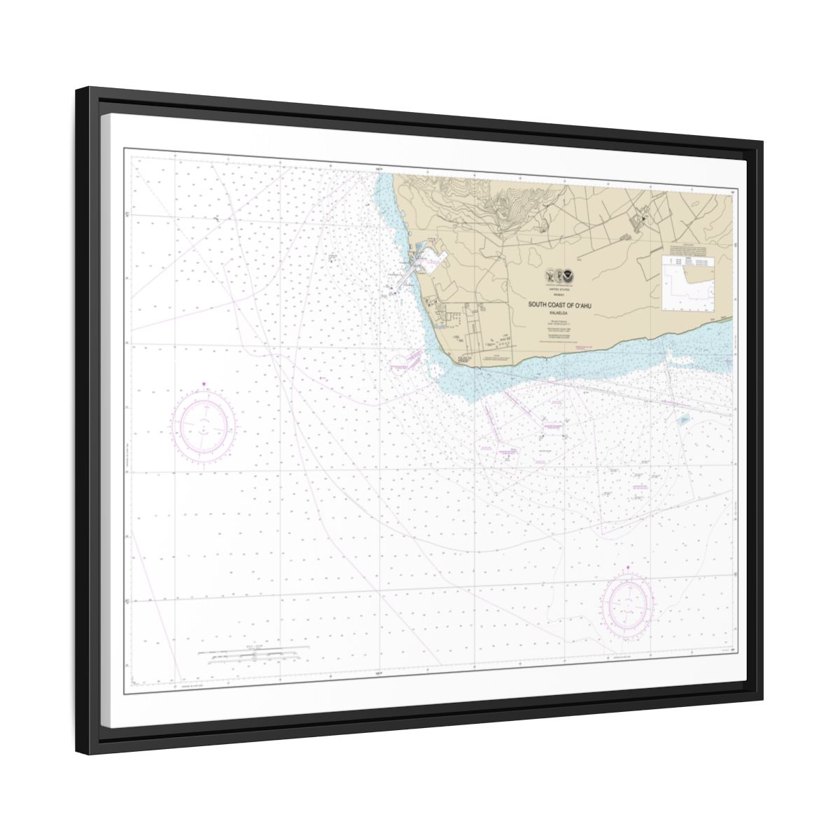 Chart 19362 South Coast of Oahu Kalaeloa - NOAA Nautical Chart Floating Frame Canvas | 32" x 24" | 40" x 30" - Black side