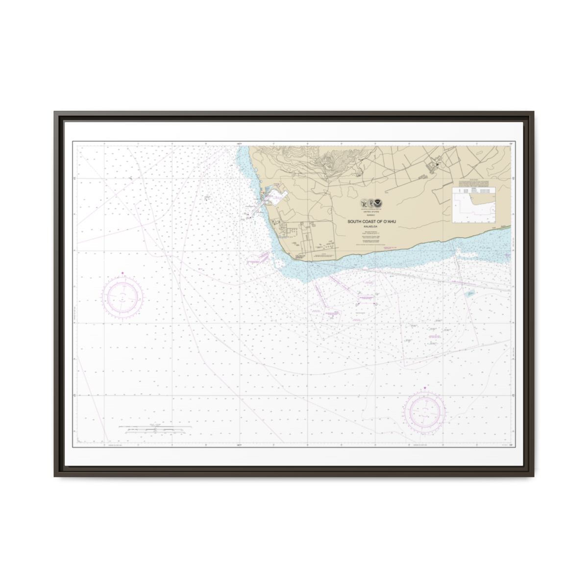 Chart 19362 South Coast of Oahu Kalaeloa - NOAA Nautical Chart Floating Frame Canvas | 32" x 24" | 40" x 30" - Espresso front