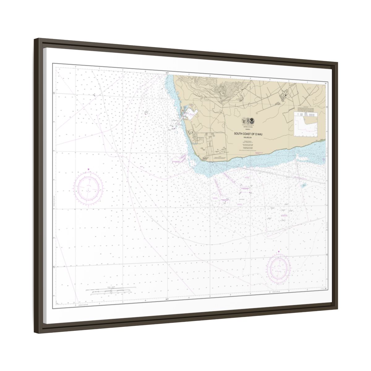 Chart 19362 South Coast of Oahu Kalaeloa - NOAA Nautical Chart Floating Frame Canvas | 32" x 24" | 40" x 30" - Espresso side