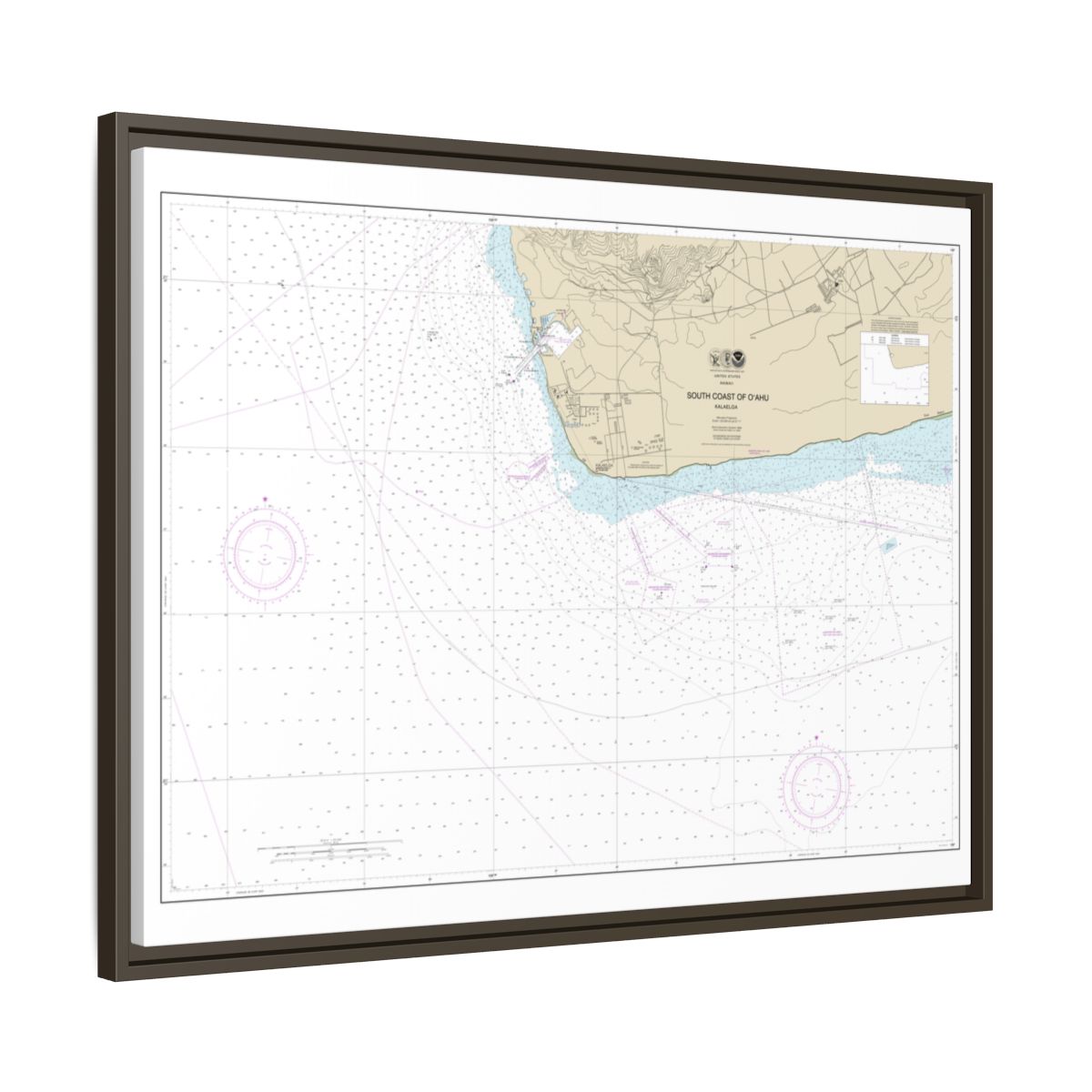 Chart 19362 South Coast of Oahu Kalaeloa - NOAA Nautical Chart Floating Frame Canvas | 32" x 24" | 40" x 30" - Espresso side