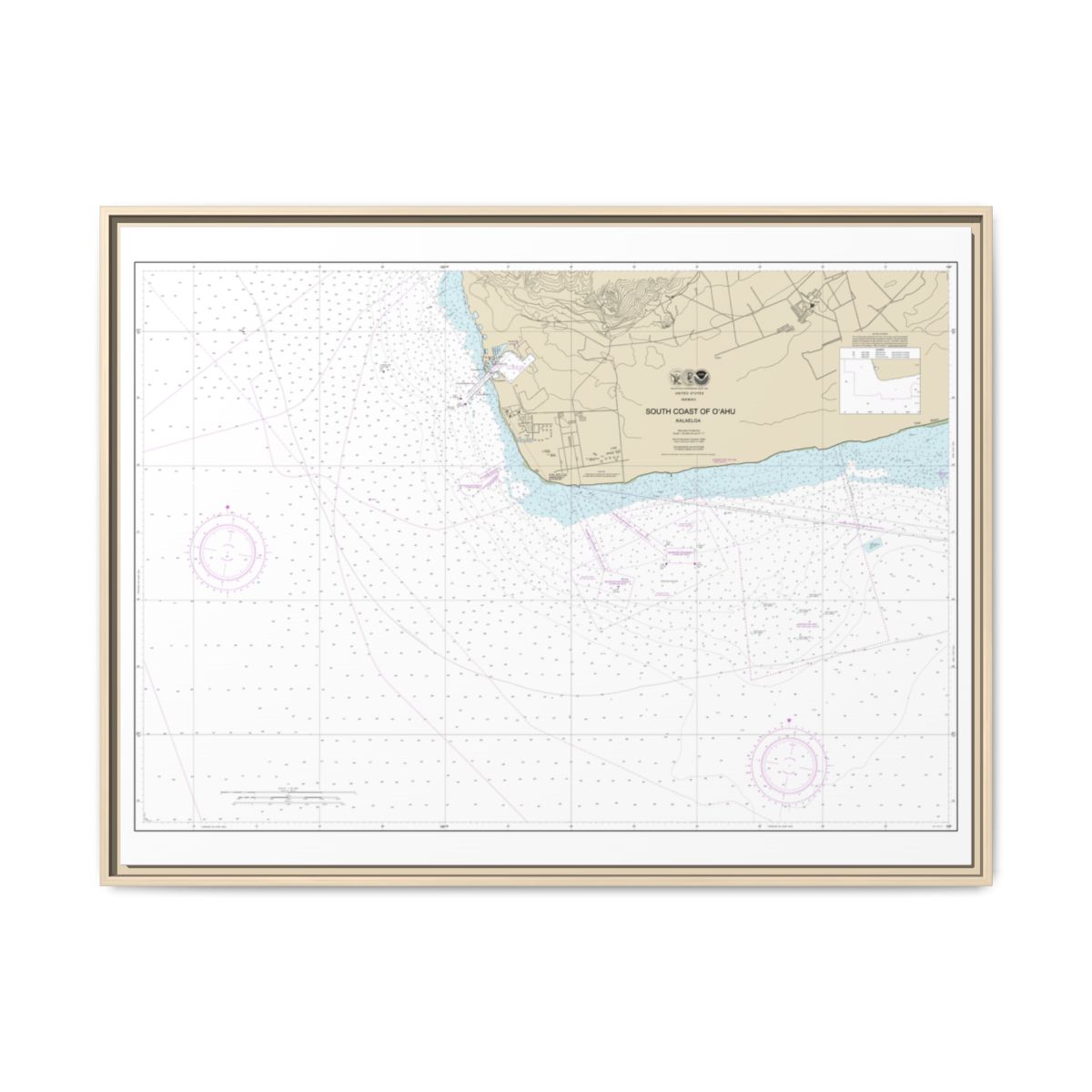 Chart 19362 South Coast of Oahu Kalaeloa - NOAA Nautical Chart Floating Frame Canvas | 32" x 24" | 40" x 30" - Natural front