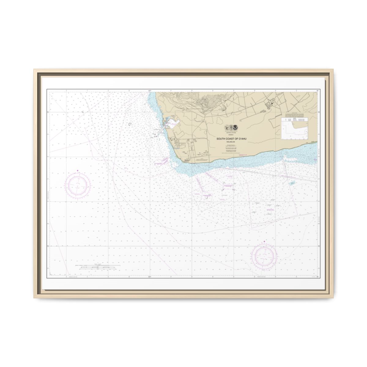 Chart 19362 South Coast of Oahu Kalaeloa - NOAA Nautical Chart Floating Frame Canvas | 32" x 24" | 40" x 30" - Natural front