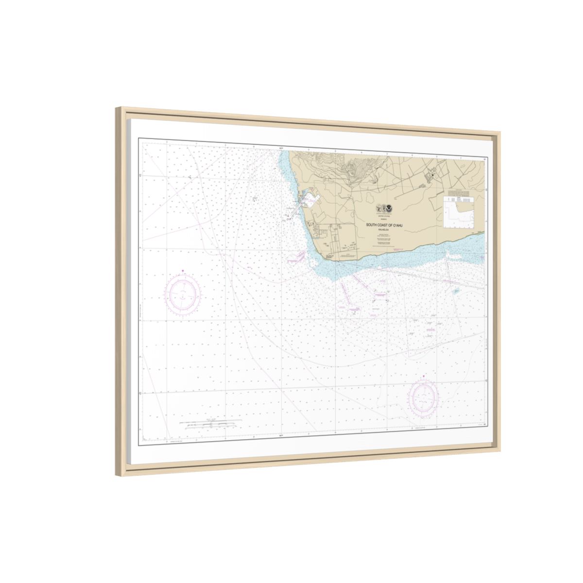 Chart 19362 South Coast of Oahu Kalaeloa - NOAA Nautical Chart Floating Frame Canvas | 32" x 24" | 40" x 30" - Natural side