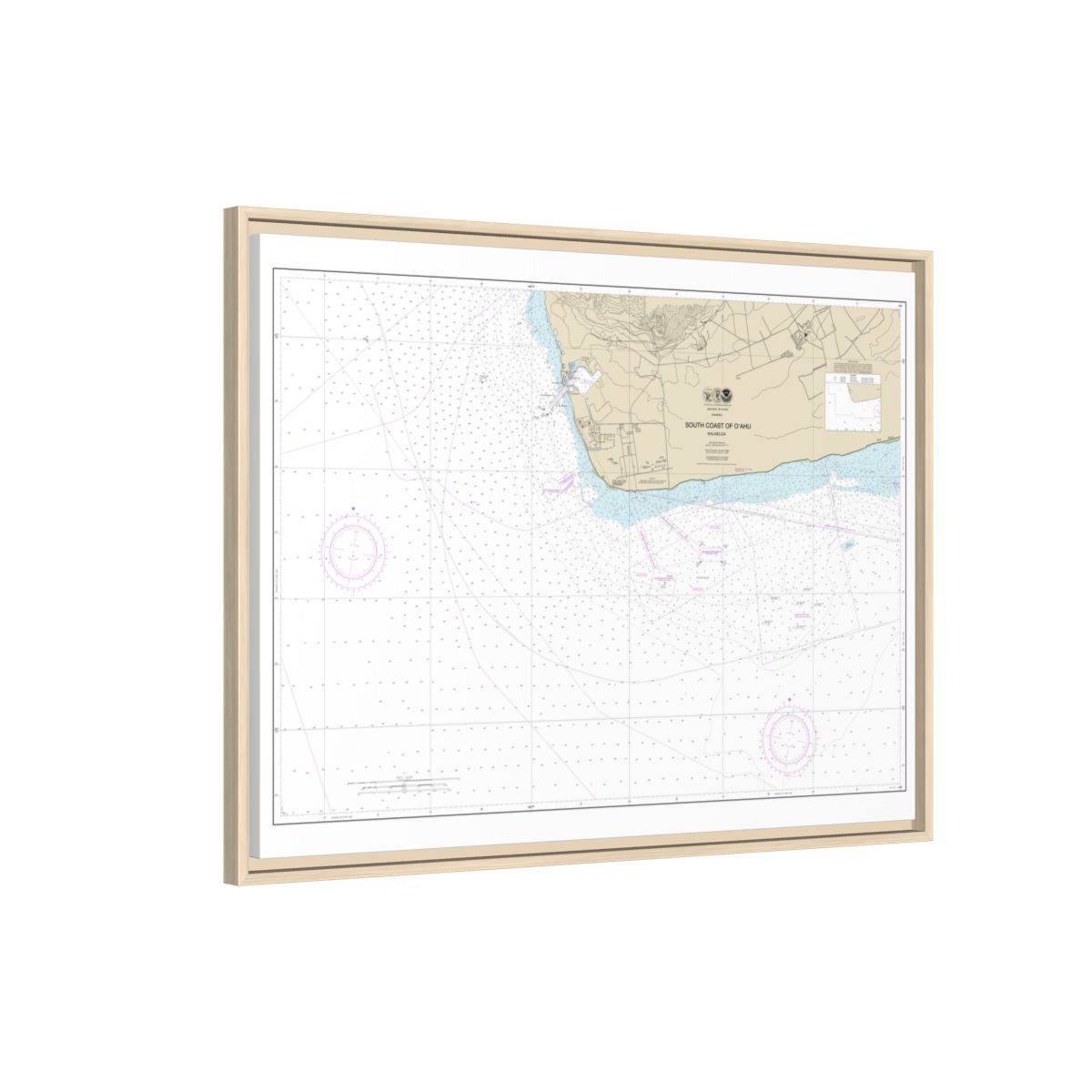 Chart 19362 South Coast of Oahu Kalaeloa - NOAA Nautical Chart Floating Frame Canvas | 32" x 24" | 40" x 30" - Natural side
