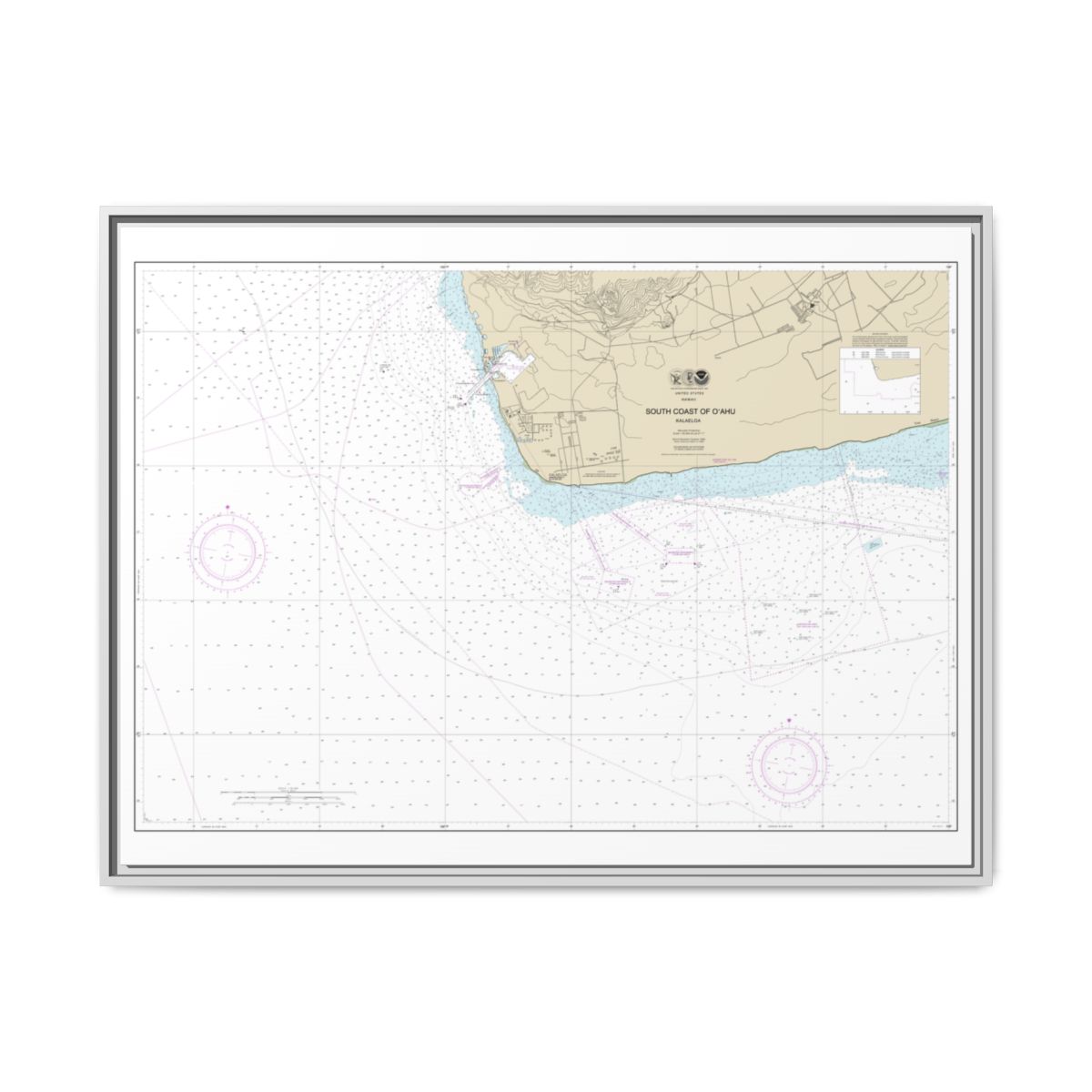 Chart 19362 South Coast of Oahu Kalaeloa - NOAA Nautical Chart Floating Frame Canvas | 32" x 24" | 40" x 30" - White front