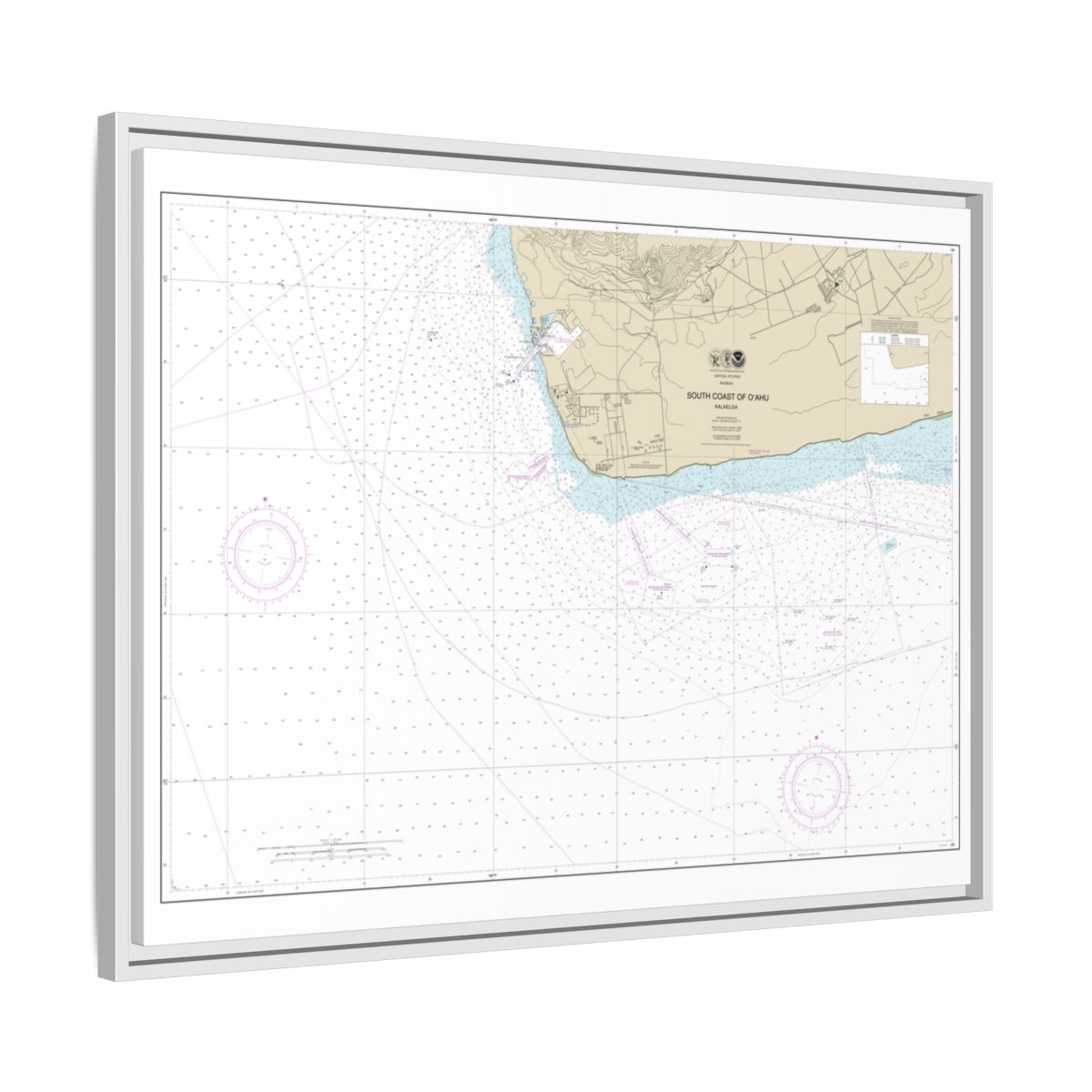 Chart 19362 South Coast of Oahu Kalaeloa - NOAA Nautical Chart Floating Frame Canvas | 32" x 24" | 40" x 30" - White side