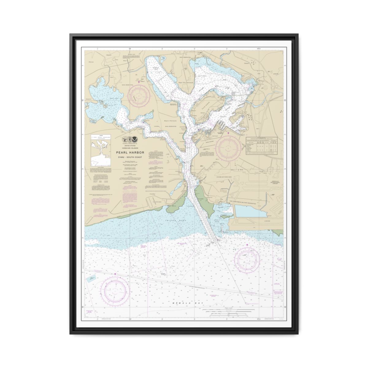Chart 19366 Pearl Harbor Oahu South Coast - NOAA Nautical Chart Floating Frame Canvas | 24" x 32" | 30" x 40" - Black front