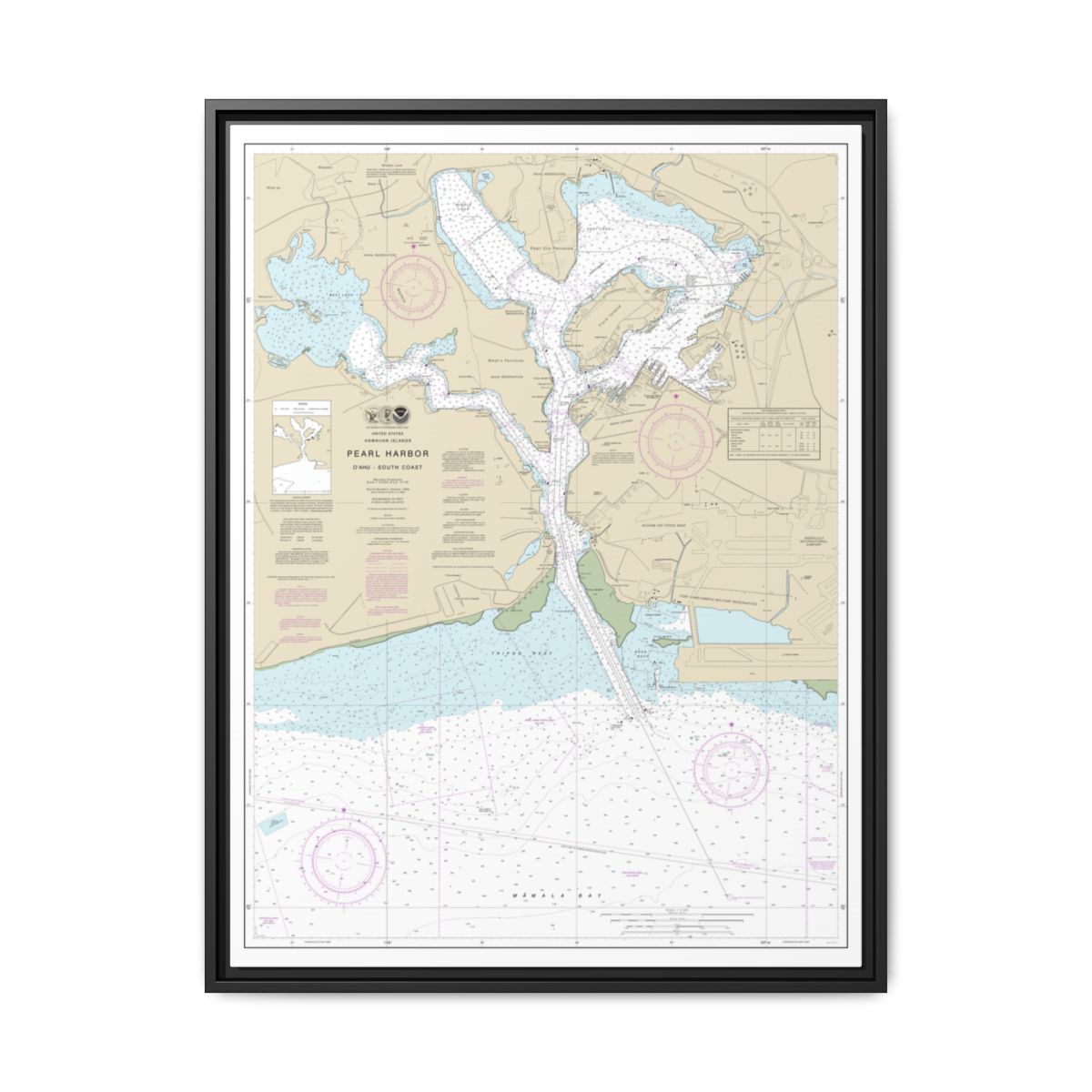 Chart 19366 Pearl Harbor Oahu South Coast - NOAA Nautical Chart Floating Frame Canvas | 24" x 32" | 30" x 40" - Black front