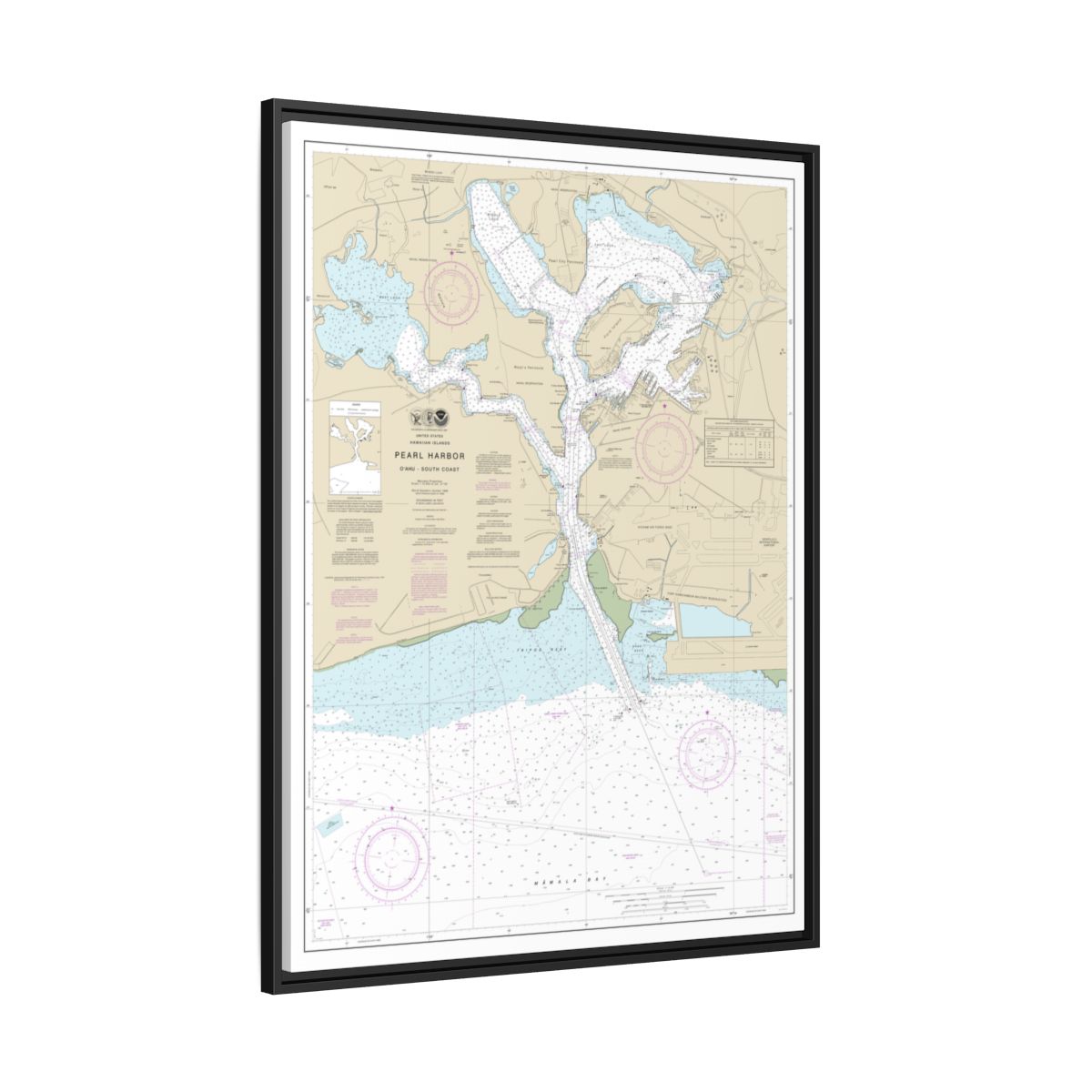 Chart 19366 Pearl Harbor Oahu South Coast - NOAA Nautical Chart Floating Frame Canvas | 24" x 32" | 30" x 40" - Black side