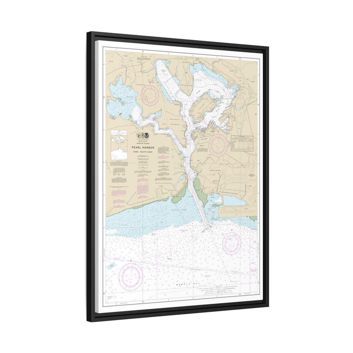 Chart 19366 Pearl Harbor Oahu South Coast - NOAA Nautical Chart Floating Frame Canvas | 24" x 32" | 30" x 40" - Black side