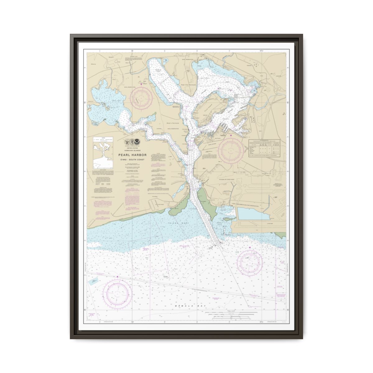 Chart 19366 Pearl Harbor Oahu South Coast - NOAA Nautical Chart Floating Frame Canvas | 24" x 32" | 30" x 40" - Espresso front