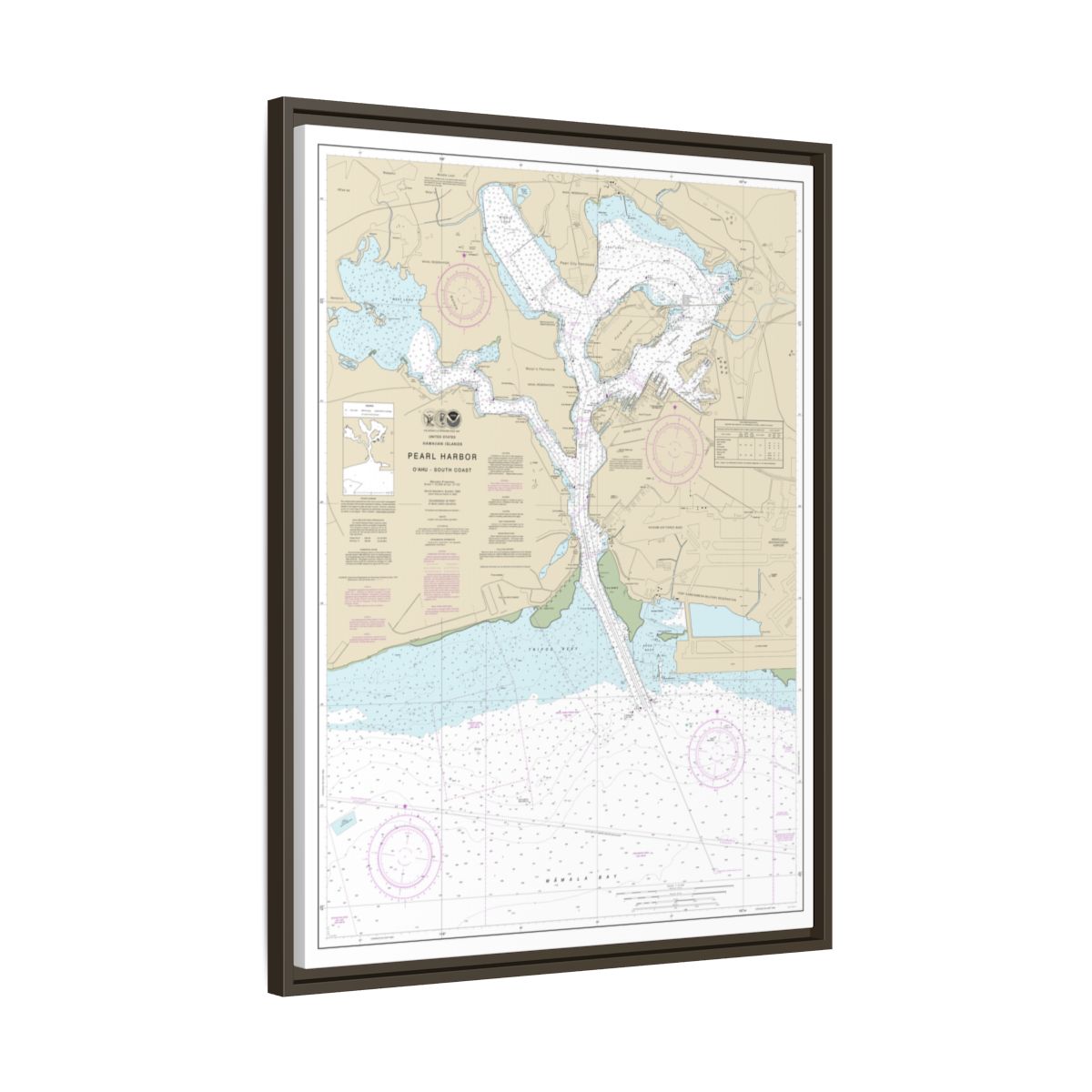 Chart 19366 Pearl Harbor Oahu South Coast - NOAA Nautical Chart Floating Frame Canvas | 24" x 32" | 30" x 40" - Espresso side