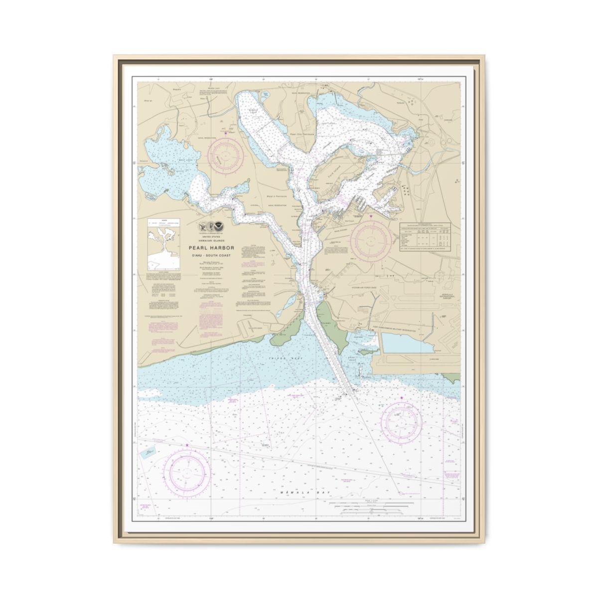 Chart 19366 Pearl Harbor Oahu South Coast - NOAA Nautical Chart Floating Frame Canvas | 24" x 32" | 30" x 40" - Natural front