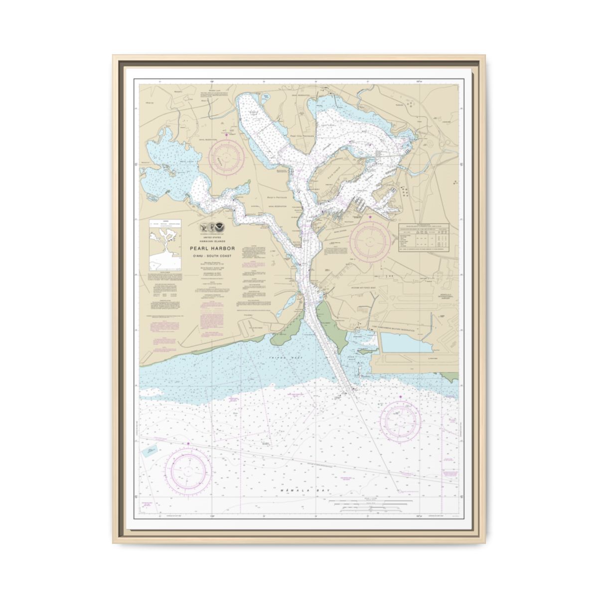 Chart 19366 Pearl Harbor Oahu South Coast - NOAA Nautical Chart Floating Frame Canvas | 24" x 32" | 30" x 40" - Natural front
