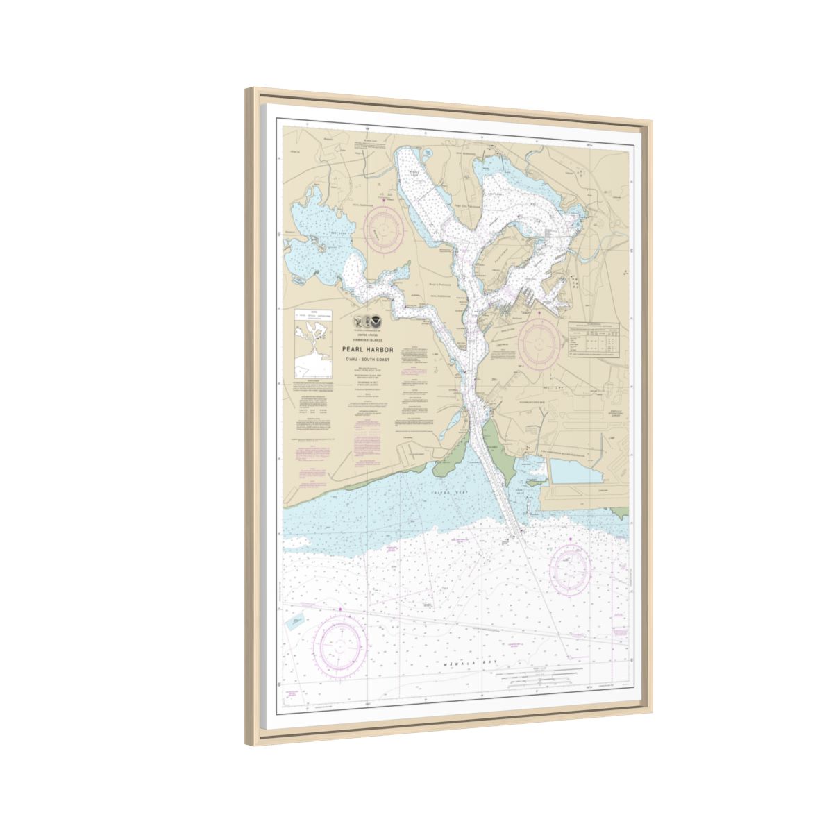 Chart 19366 Pearl Harbor Oahu South Coast - NOAA Nautical Chart Floating Frame Canvas | 24" x 32" | 30" x 40" - Natural side