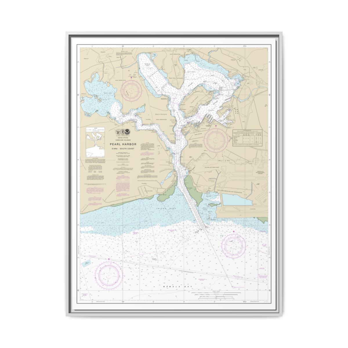 Chart 19366 Pearl Harbor Oahu South Coast - NOAA Nautical Chart Floating Frame Canvas | 24" x 32" | 30" x 40" - White front