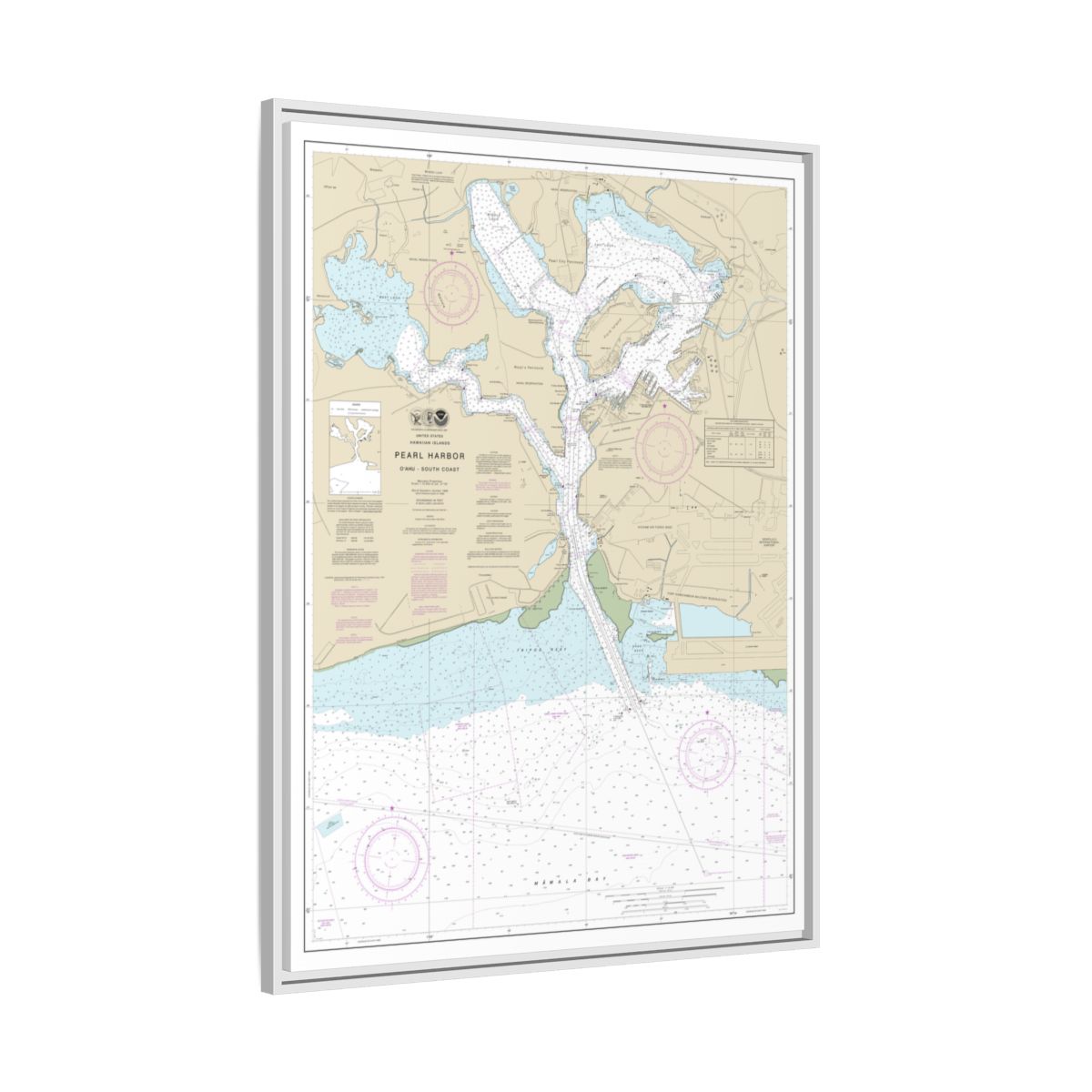 Chart 19366 Pearl Harbor Oahu South Coast - NOAA Nautical Chart Floating Frame Canvas | 24" x 32" | 30" x 40" - White side