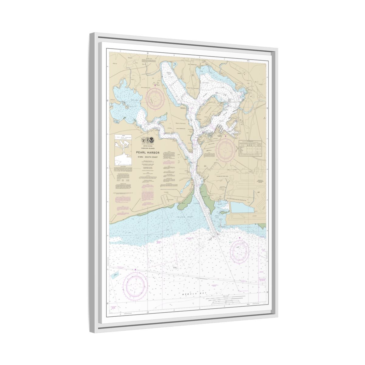 Chart 19366 Pearl Harbor Oahu South Coast - NOAA Nautical Chart Floating Frame Canvas | 24" x 32" | 30" x 40" - White side