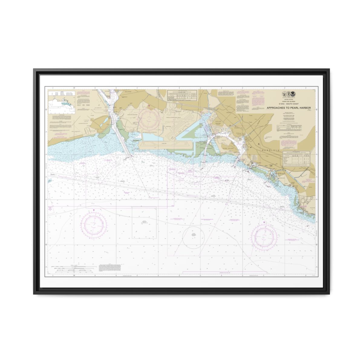 Chart 19369 Oahu South Coast Approaches to Pearl Harbor - NOAA Nautical Chart Floating Frame Canvas | 32" x 24" | 40" x 30" - Black front