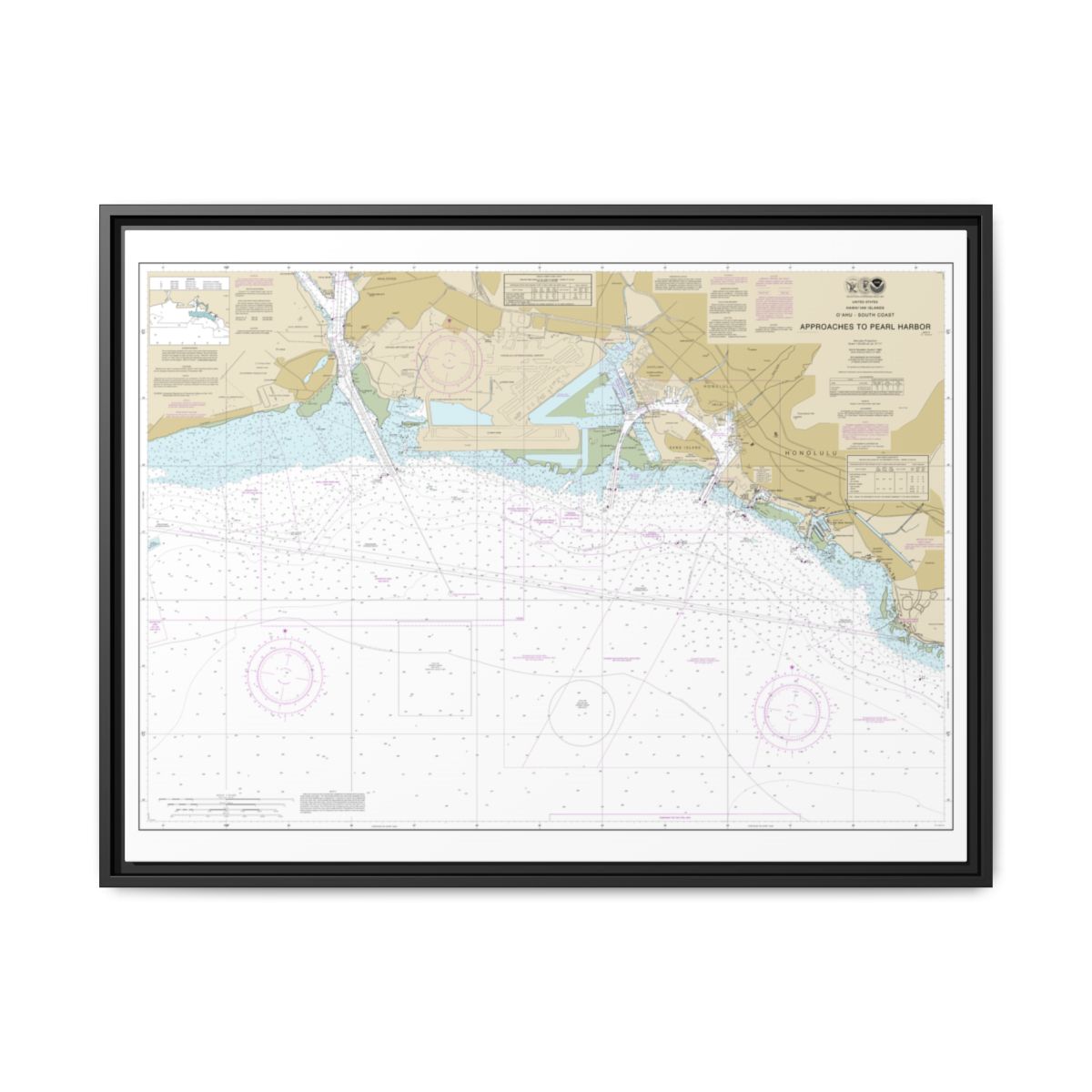 Chart 19369 Oahu South Coast Approaches to Pearl Harbor - NOAA Nautical Chart Floating Frame Canvas | 32" x 24" | 40" x 30" - Black front