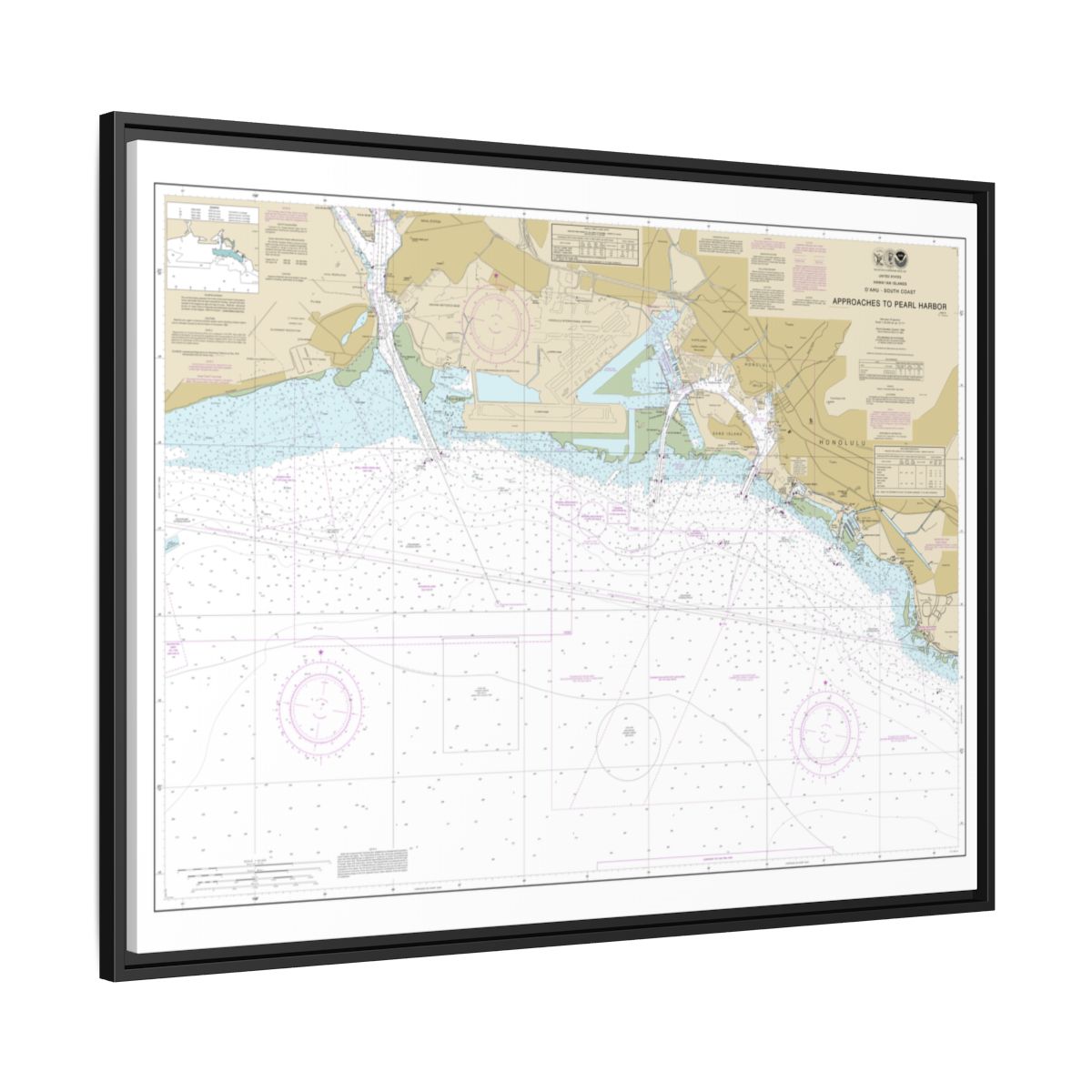Chart 19369 Oahu South Coast Approaches to Pearl Harbor - NOAA Nautical Chart Floating Frame Canvas | 32" x 24" | 40" x 30" - Black side