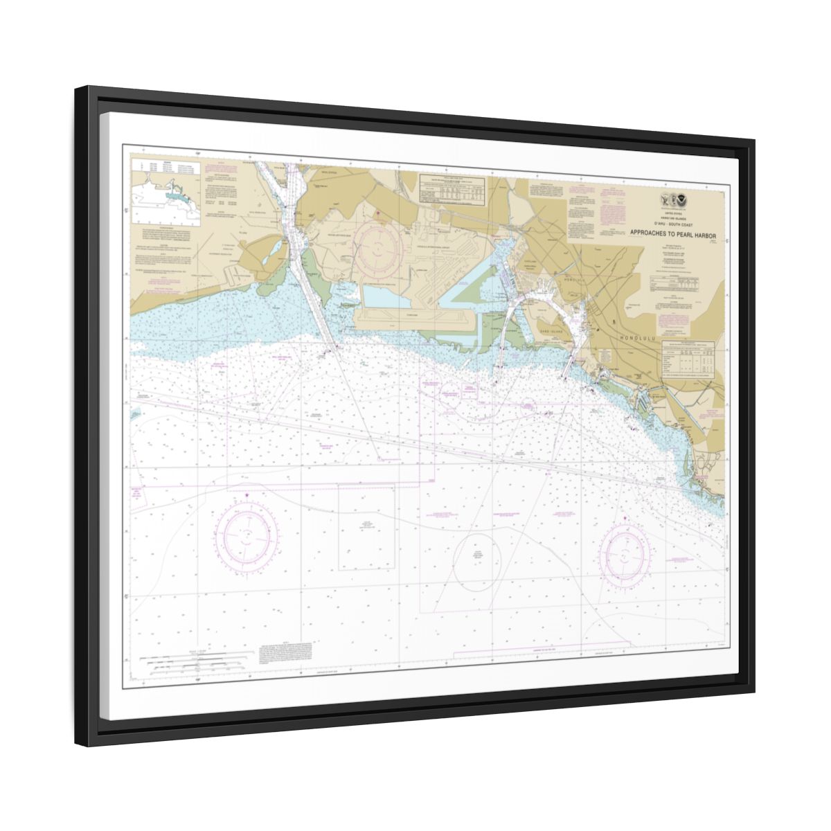 Chart 19369 Oahu South Coast Approaches to Pearl Harbor - NOAA Nautical Chart Floating Frame Canvas | 32" x 24" | 40" x 30" - Black side