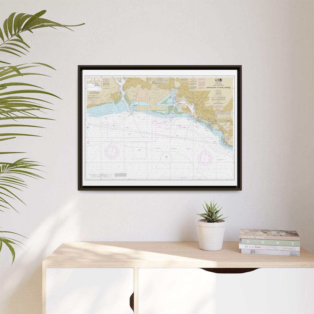 Chart 19369 Oahu South Coast Approaches to Pearl Harbor - NOAA Nautical Chart Floating Frame Canvas | 32" x 24" | 40" x 30" - Espresso context-1