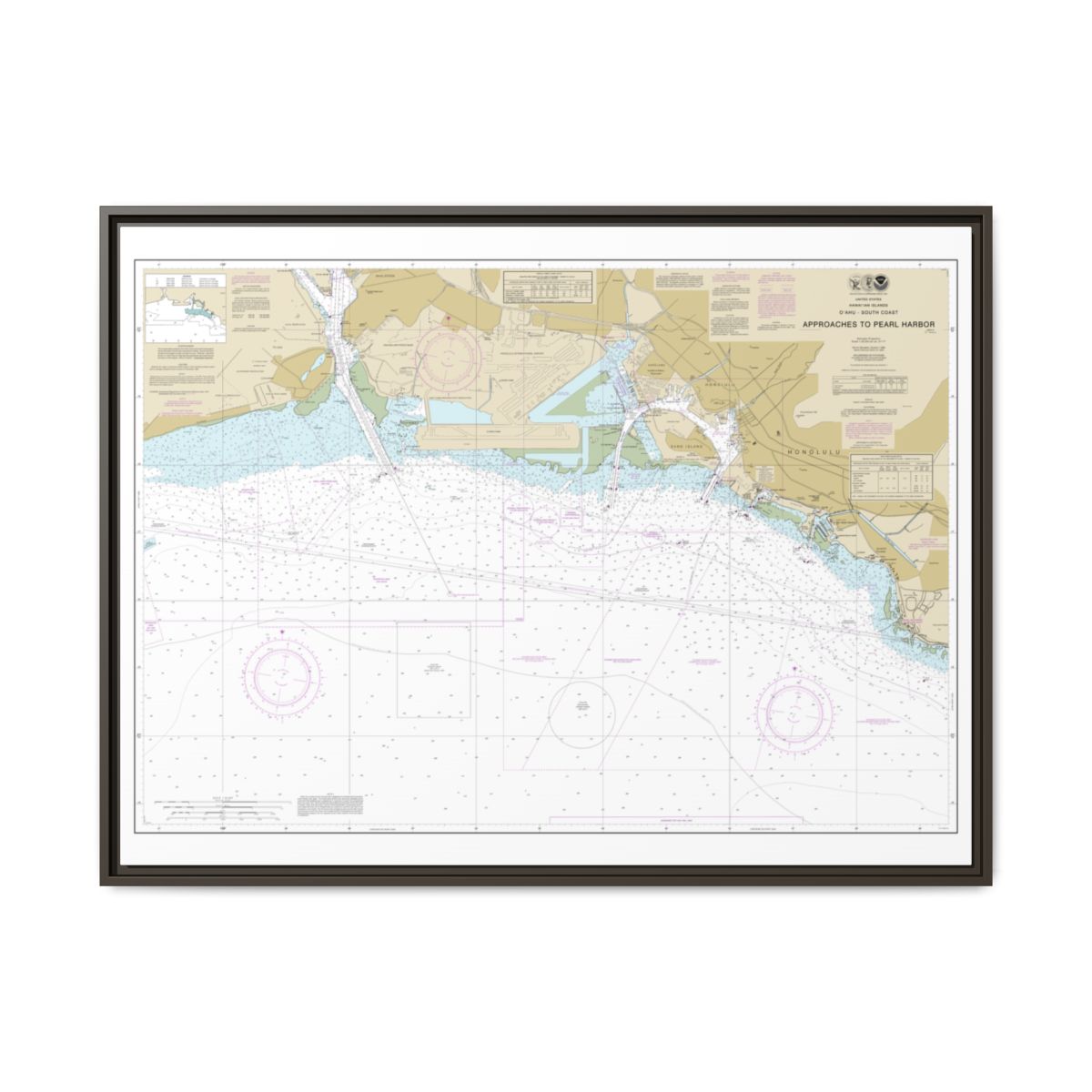 Chart 19369 Oahu South Coast Approaches to Pearl Harbor - NOAA Nautical Chart Floating Frame Canvas | 32" x 24" | 40" x 30" - Espresso front