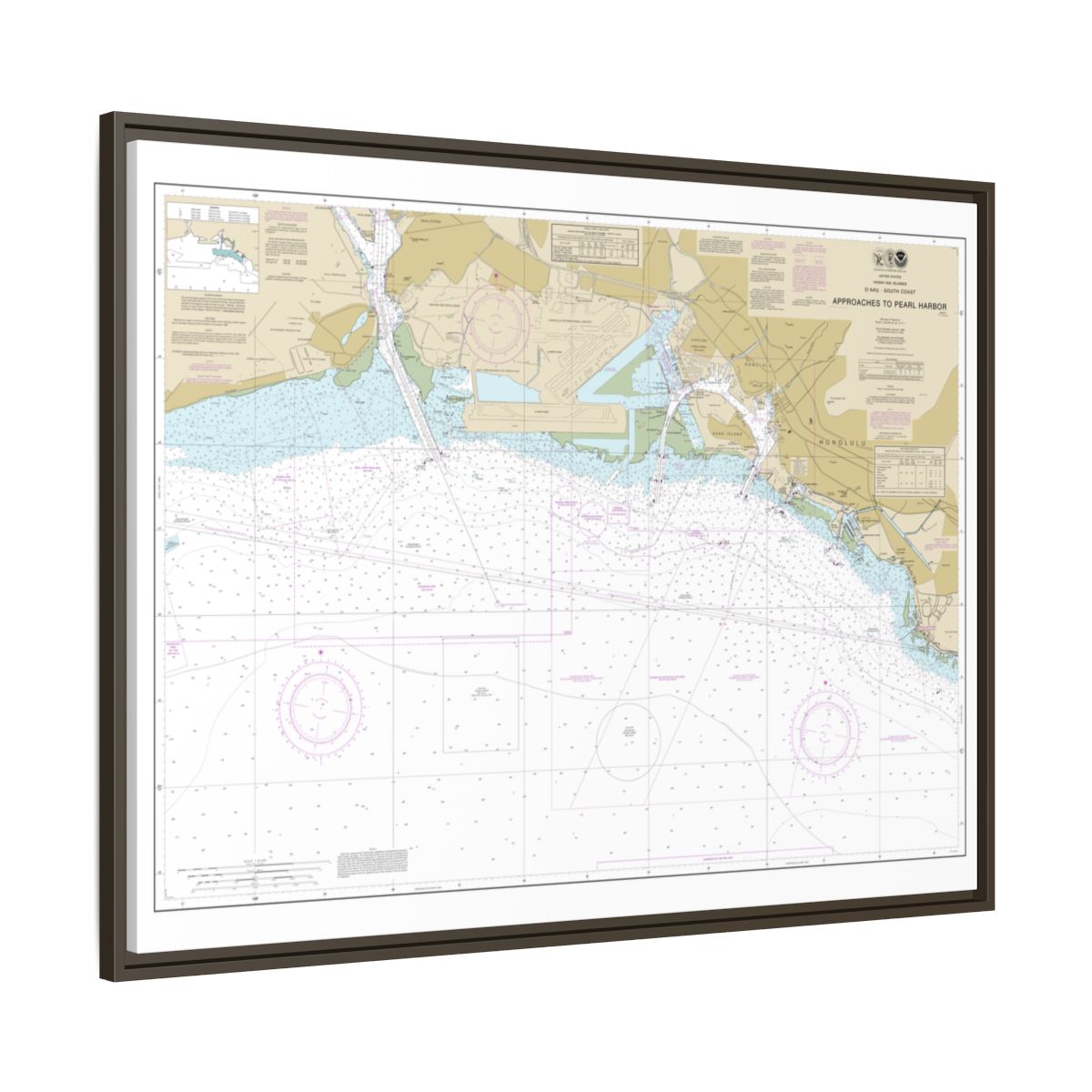 Chart 19369 Oahu South Coast Approaches to Pearl Harbor - NOAA Nautical Chart Floating Frame Canvas | 32" x 24" | 40" x 30" - Espresso side