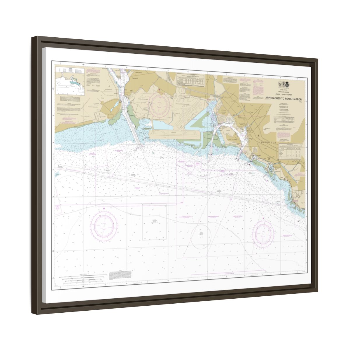 Chart 19369 Oahu South Coast Approaches to Pearl Harbor - NOAA Nautical Chart Floating Frame Canvas | 32" x 24" | 40" x 30" - Espresso side