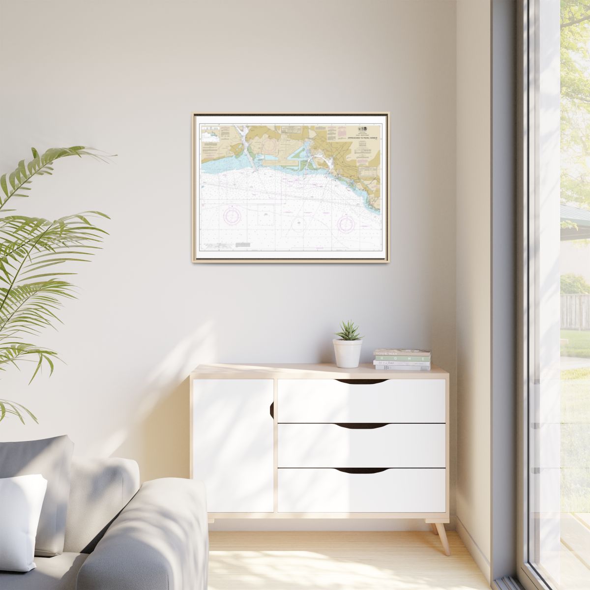 Chart 19369 Oahu South Coast Approaches to Pearl Harbor - NOAA Nautical Chart Floating Frame Canvas | 32" x 24" | 40" x 30" - Natural context-1