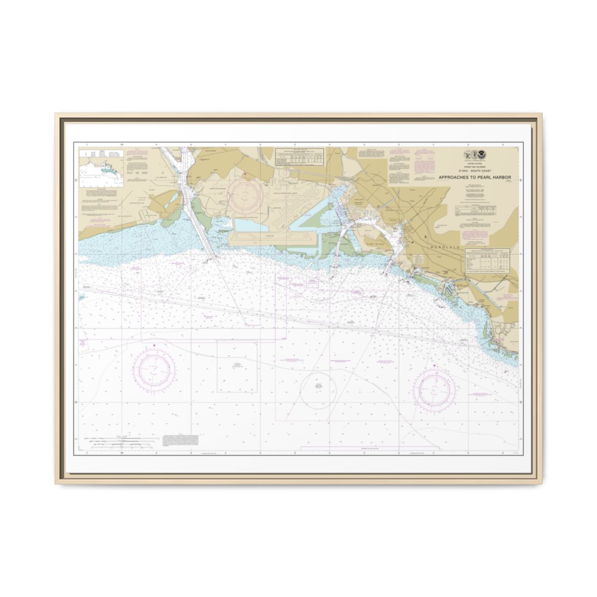 Chart 19369 Oahu South Coast Approaches to Pearl Harbor - NOAA Nautical Chart Floating Frame Canvas | 32" x 24" | 40" x 30" - Natural front
