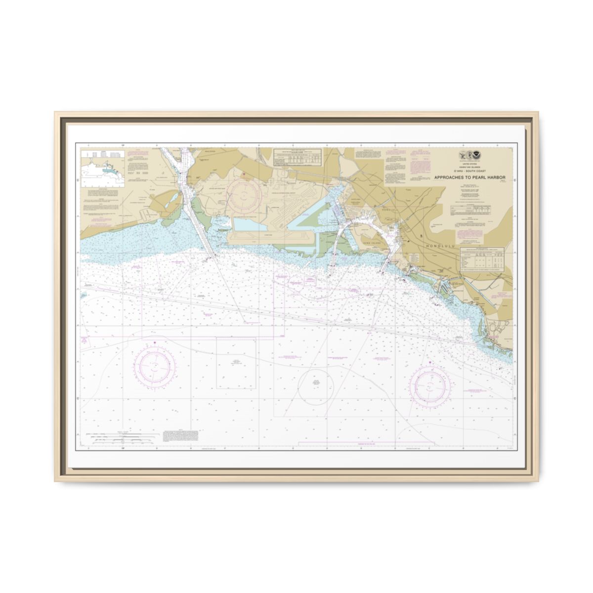 Chart 19369 Oahu South Coast Approaches to Pearl Harbor - NOAA Nautical Chart Floating Frame Canvas | 32" x 24" | 40" x 30" - Natural front
