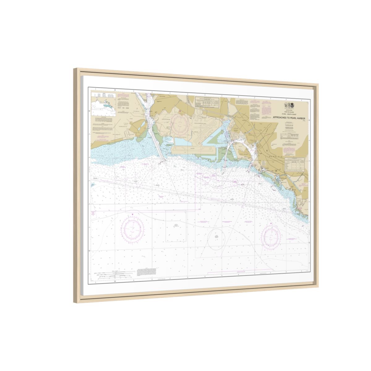 Chart 19369 Oahu South Coast Approaches to Pearl Harbor - NOAA Nautical Chart Floating Frame Canvas | 32" x 24" | 40" x 30" - Natural side