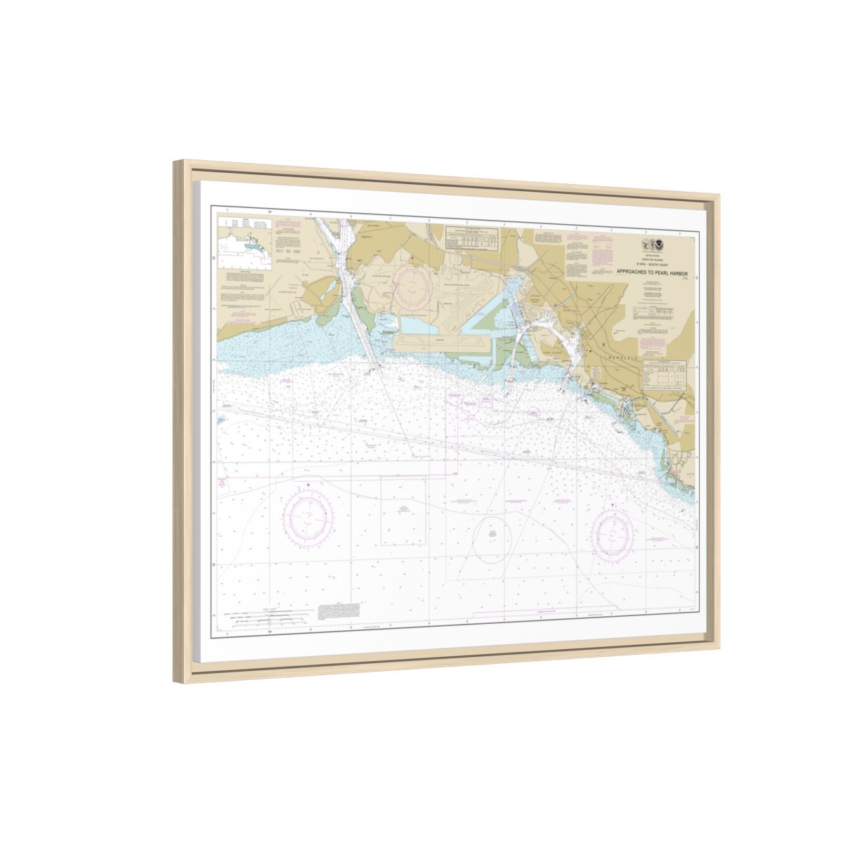 Chart 19369 Oahu South Coast Approaches to Pearl Harbor - NOAA Nautical Chart Floating Frame Canvas | 32" x 24" | 40" x 30" - Natural side