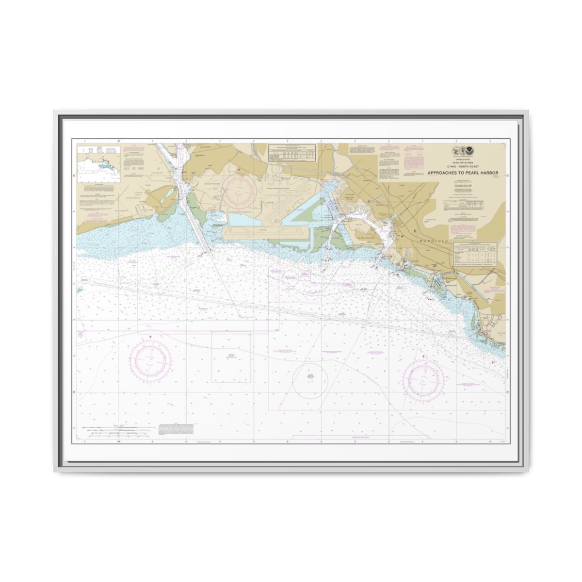 Chart 19369 Oahu South Coast Approaches to Pearl Harbor - NOAA Nautical Chart Floating Frame Canvas | 32" x 24" | 40" x 30" - White front