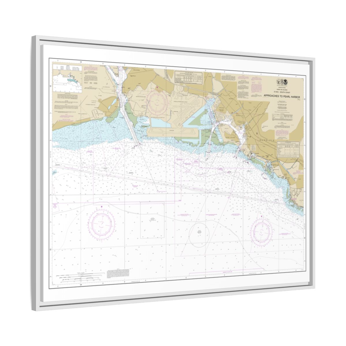 Chart 19369 Oahu South Coast Approaches to Pearl Harbor - NOAA Nautical Chart Floating Frame Canvas | 32" x 24" | 40" x 30" - White side