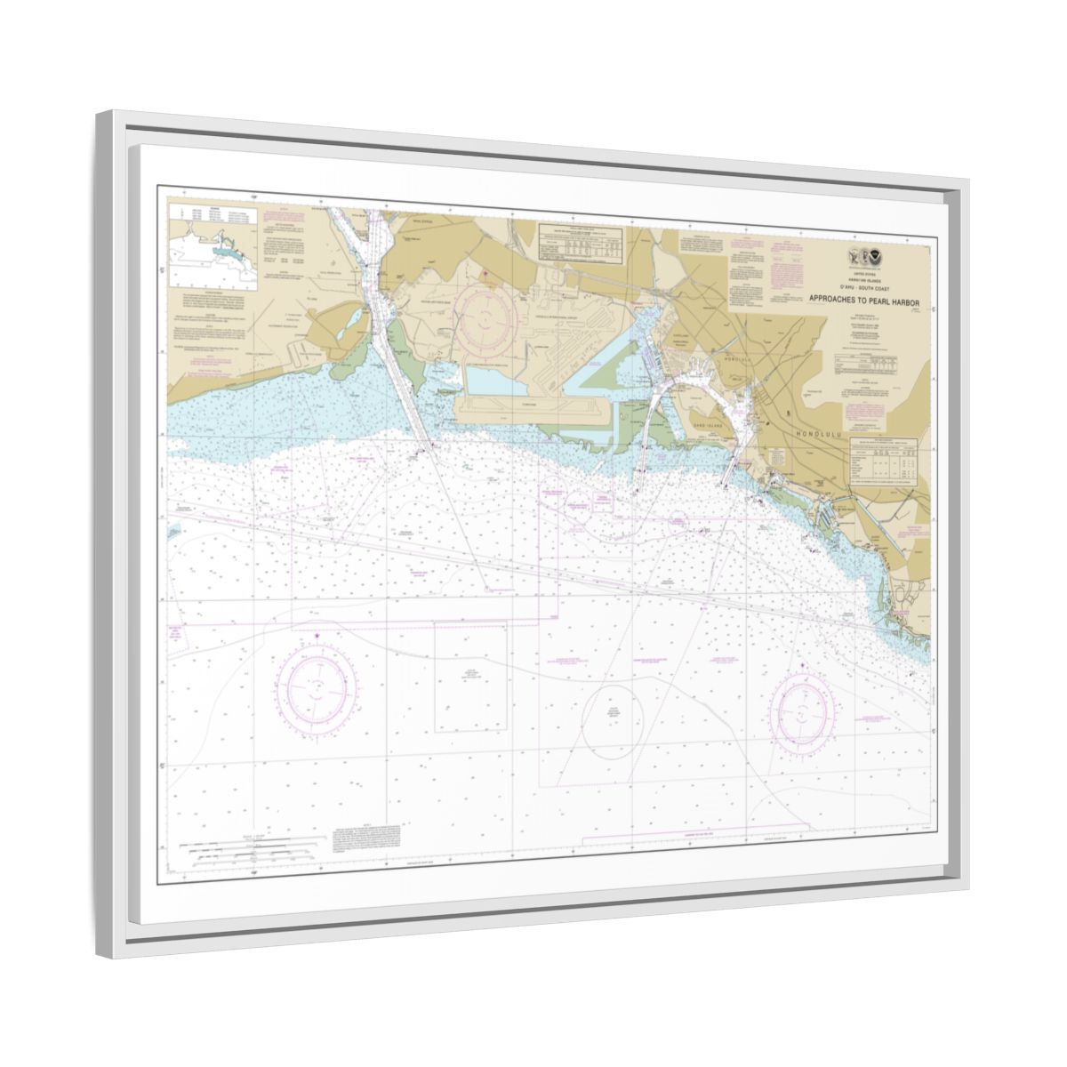 Chart 19369 Oahu South Coast Approaches to Pearl Harbor - NOAA Nautical Chart Floating Frame Canvas | 32" x 24" | 40" x 30" - White side