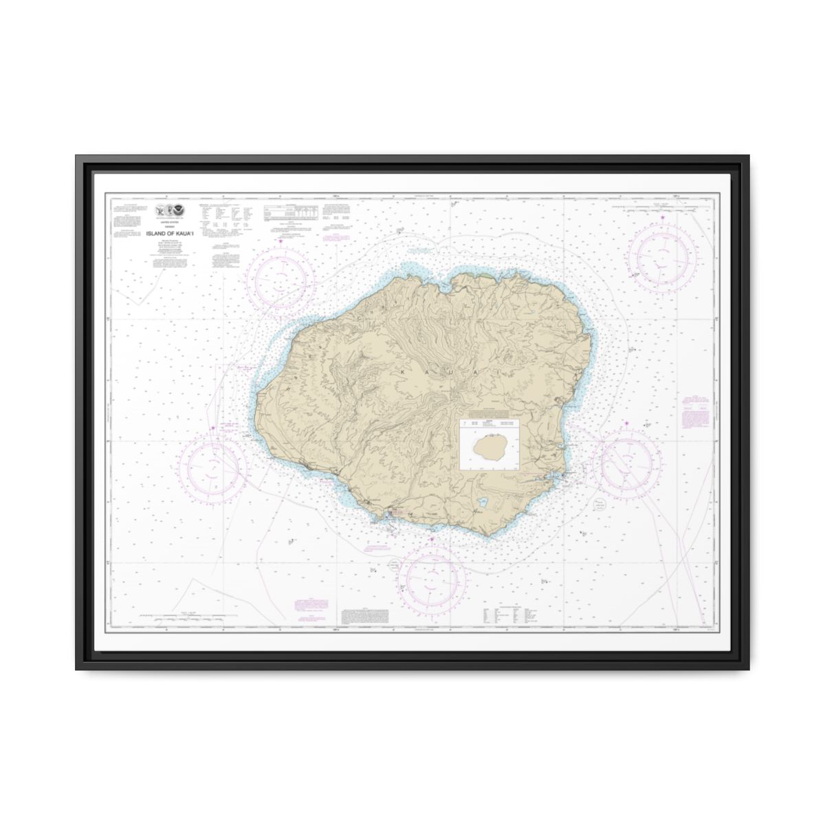 Chart 19381 Island of Kauai - NOAA Nautical Chart Floating Frame Canvas | 32" x 24" | 40" x 30" - Black front