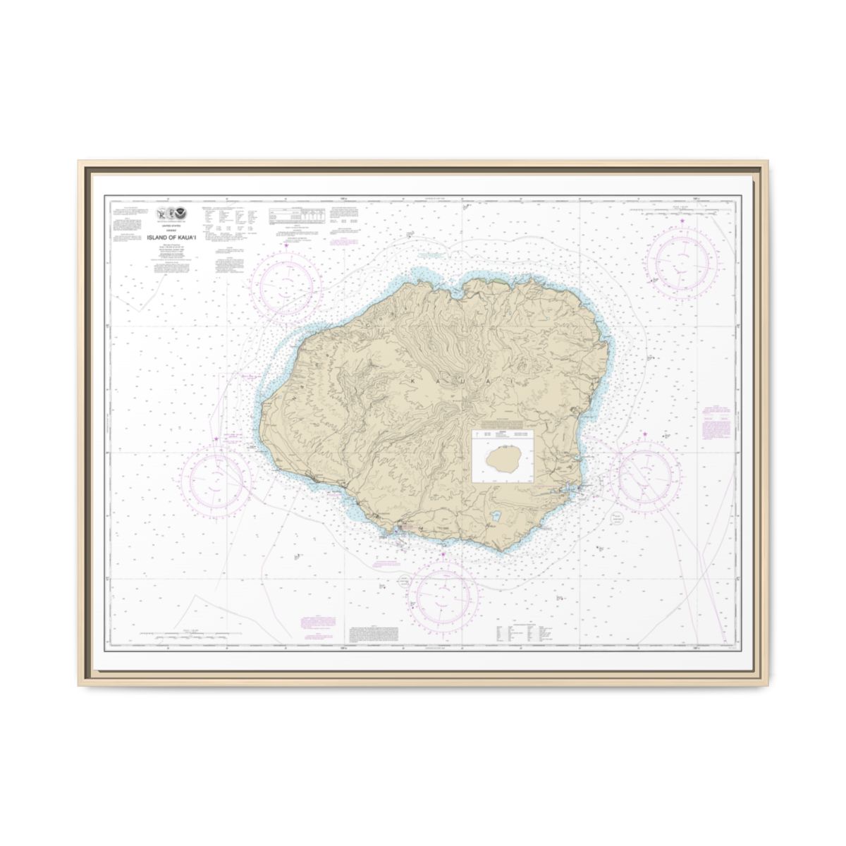 Chart 19381 Island of Kauai - NOAA Nautical Chart Floating Frame Canvas | 32" x 24" | 40" x 30" - Natural front