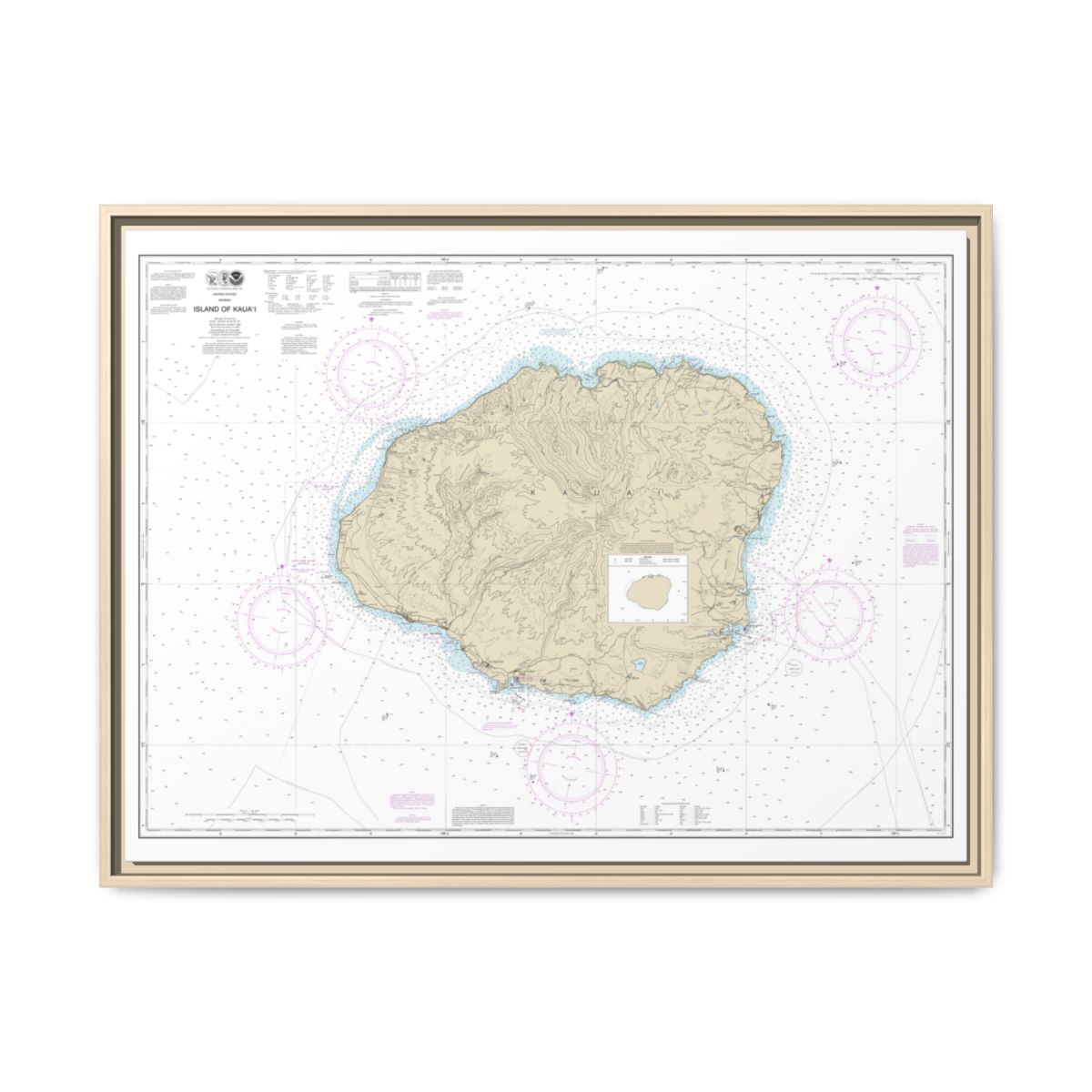 Chart 19381 Island of Kauai - NOAA Nautical Chart Floating Frame Canvas | 32" x 24" | 40" x 30" - Natural front