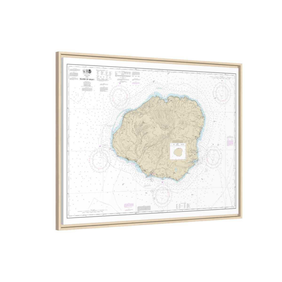Chart 19381 Island of Kauai - NOAA Nautical Chart Floating Frame Canvas | 32" x 24" | 40" x 30" - Natural side