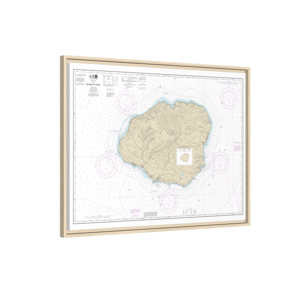Chart 19381 Island of Kauai - NOAA Nautical Chart Floating Frame Canvas | 32" x 24" | 40" x 30" - Natural side
