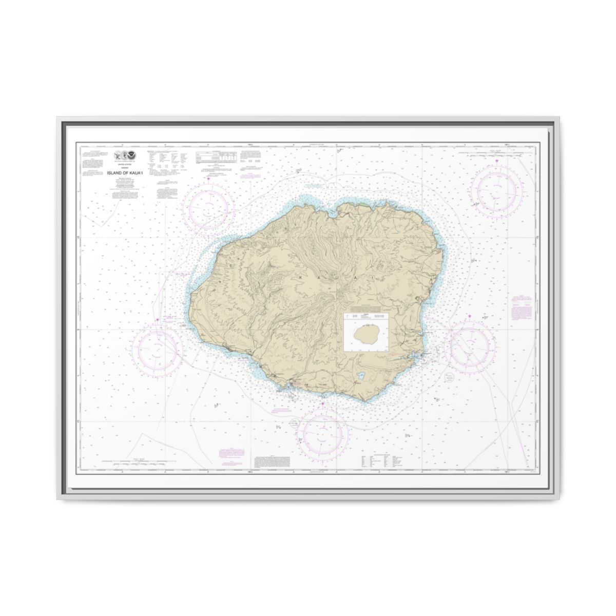 Chart 19381 Island of Kauai - NOAA Nautical Chart Floating Frame Canvas | 32" x 24" | 40" x 30" - White front