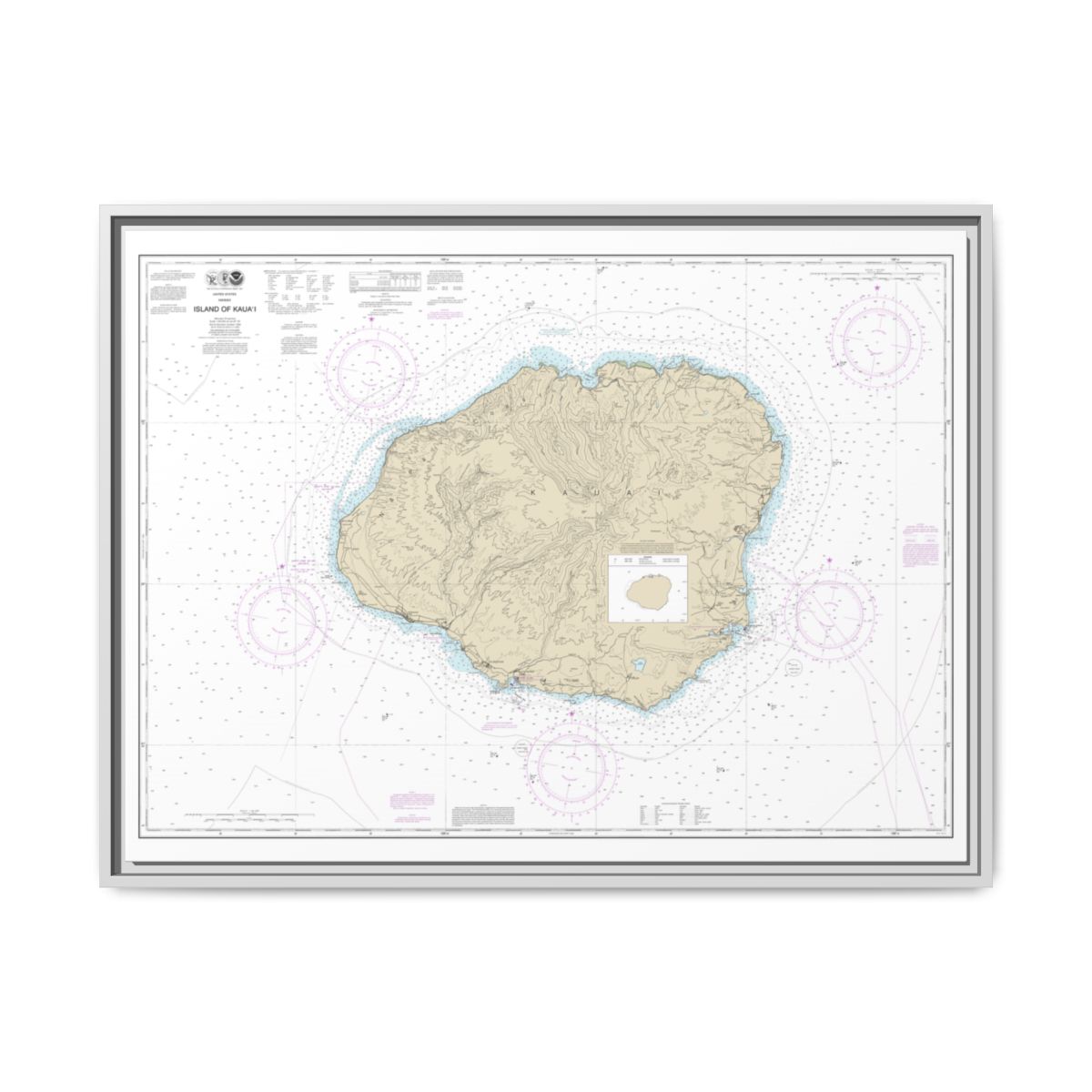 Chart 19381 Island of Kauai - NOAA Nautical Chart Floating Frame Canvas | 32" x 24" | 40" x 30" - White front