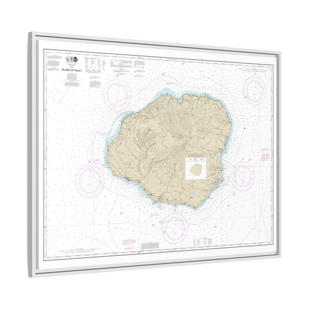 Chart 19381 Island of Kauai - NOAA Nautical Chart Floating Frame Canvas | 32" x 24" | 40" x 30" - White side