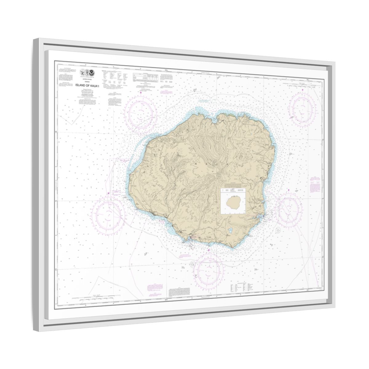Chart 19381 Island of Kauai - NOAA Nautical Chart Floating Frame Canvas | 32" x 24" | 40" x 30" - White side