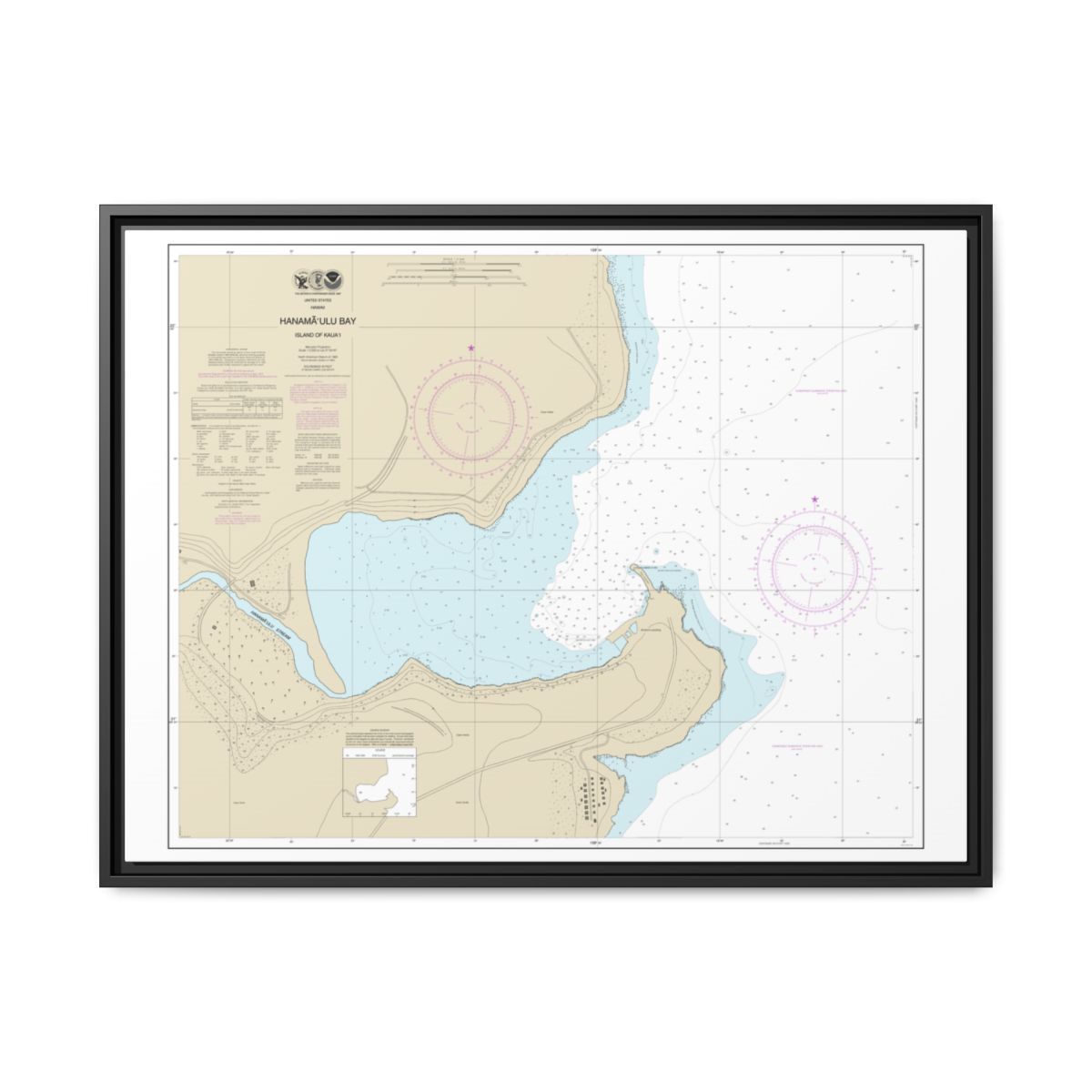 Chart 19384 Hanamaulu Bay Island of Kauai - NOAA Nautical Chart Floating Frame Canvas | 32" x 24" | 40" x 30" - Black front