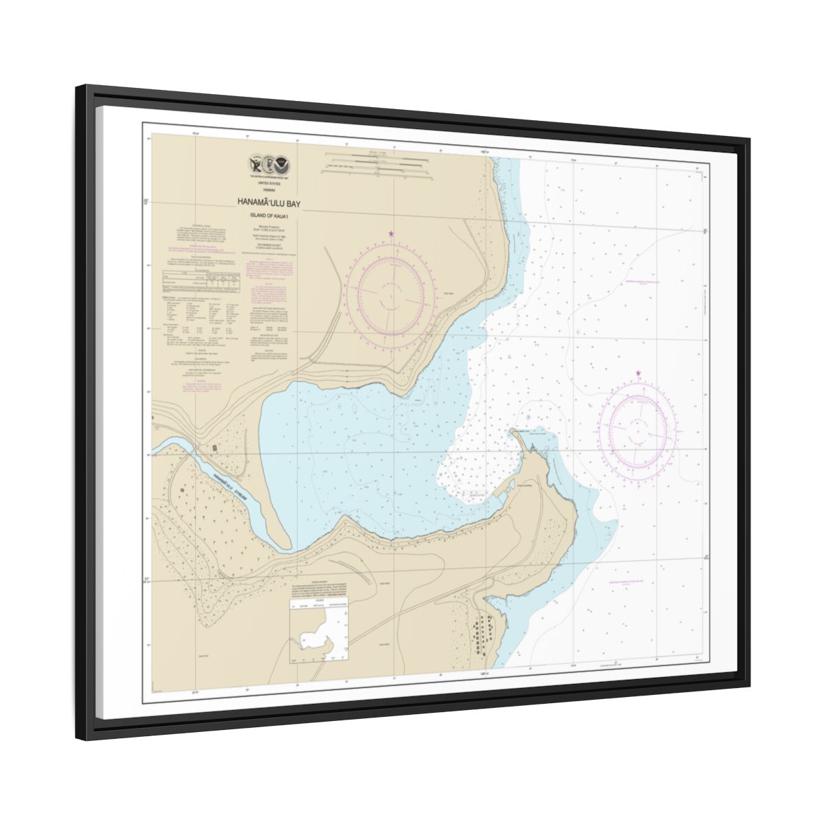Chart 19384 Hanamaulu Bay Island of Kauai - NOAA Nautical Chart Floating Frame Canvas | 32" x 24" | 40" x 30" - Black side
