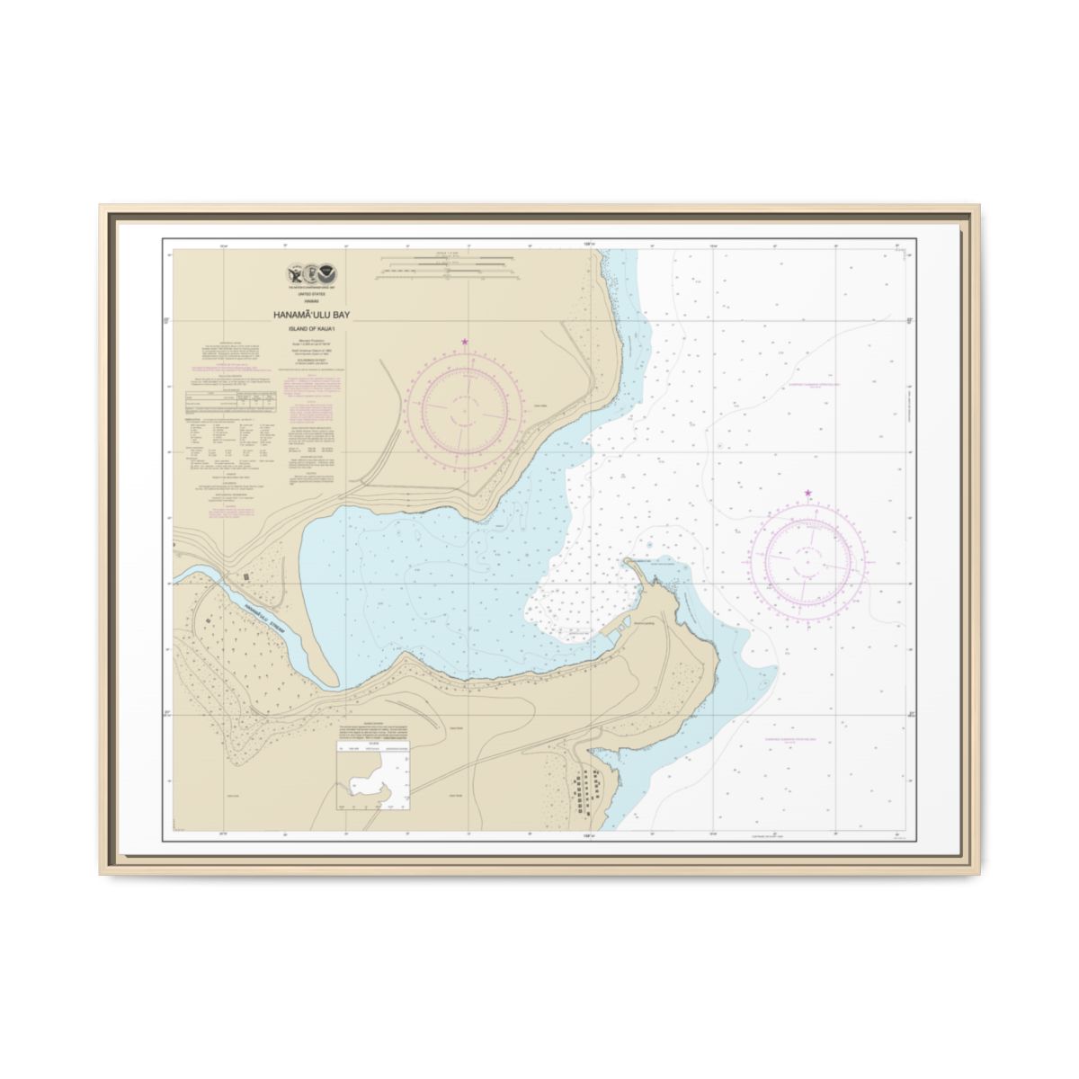 Chart 19384 Hanamaulu Bay Island of Kauai - NOAA Nautical Chart Floating Frame Canvas | 32" x 24" | 40" x 30" - Natural front